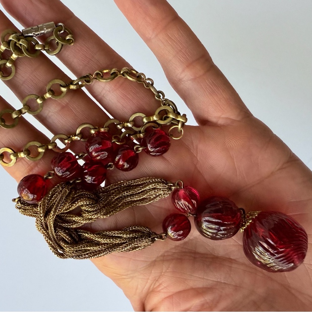 Vintage Louis Rousselet French Couture Red Glass Melon Bead Drop Chain Necklace - Picture 16 of 16